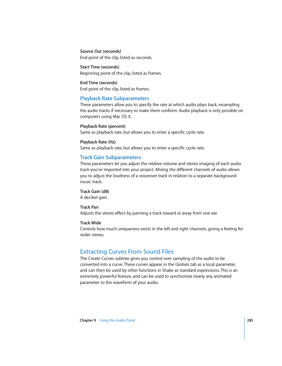 Playback rate subparameters, Track gain subparameters, Extracting curves from sound files | Apple Shake 4 User Manual | Page 285 / 1054