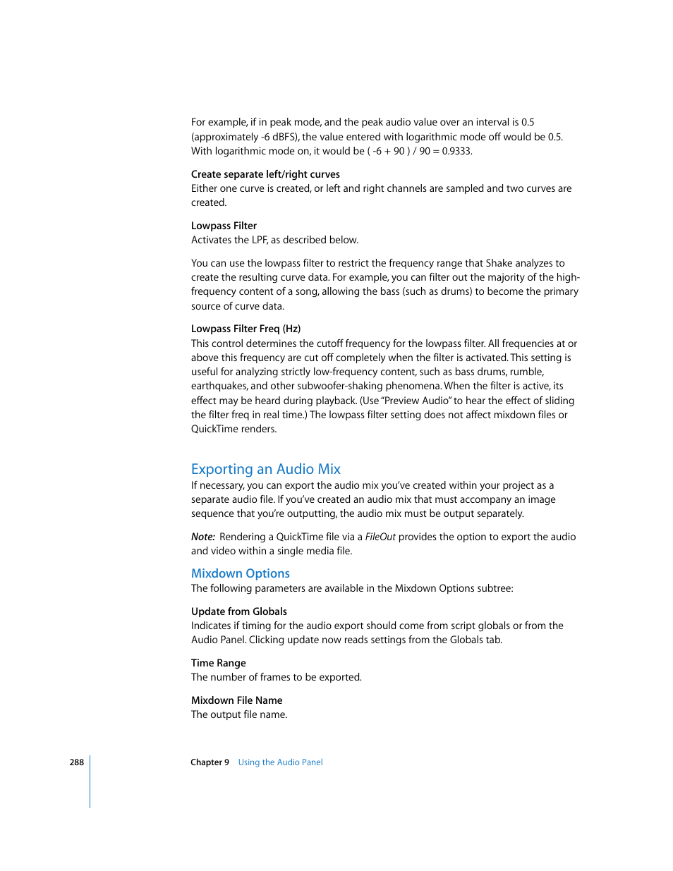 Exporting an audio mix, Mixdown options | Apple Shake 4 User Manual | Page 288 / 1054
