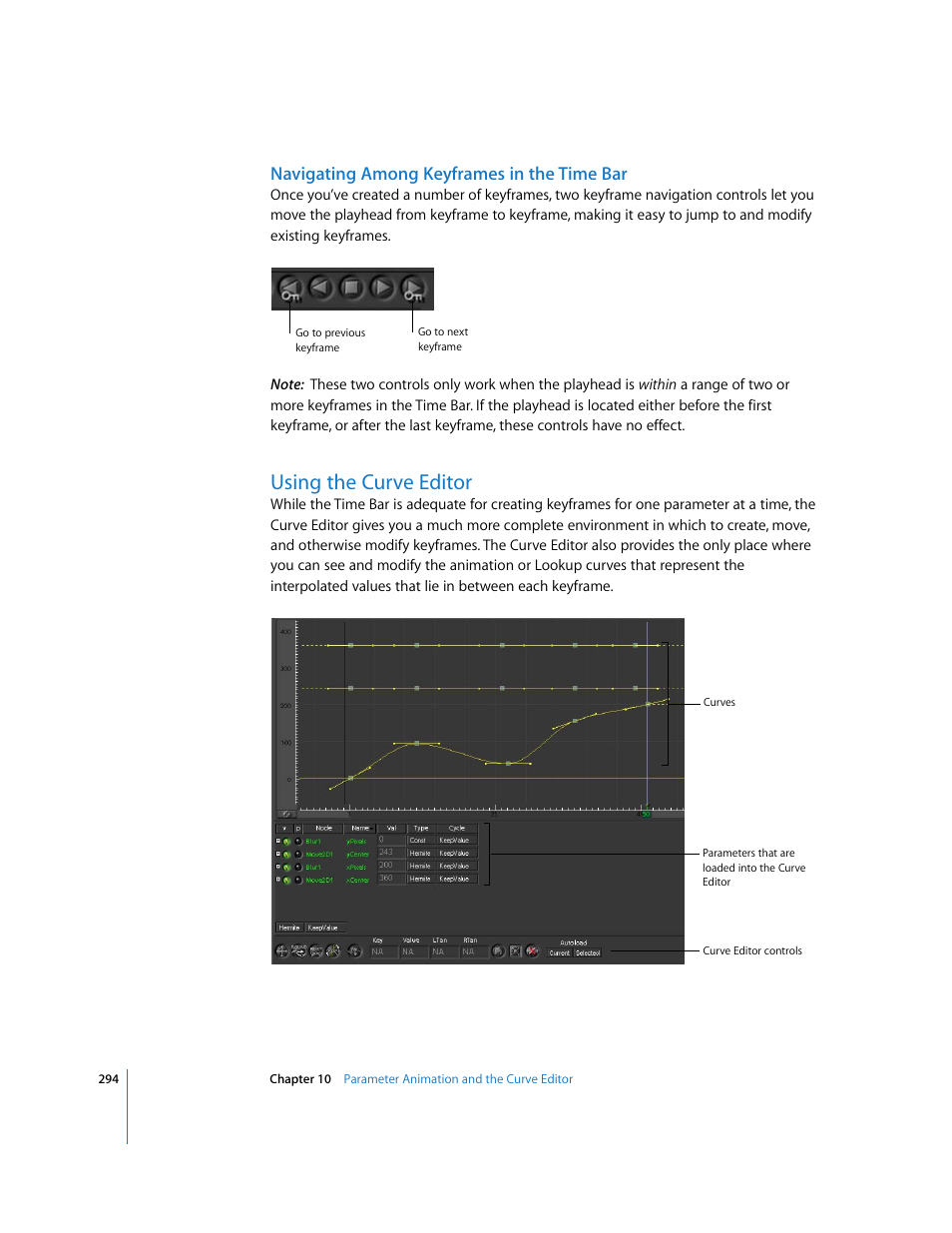 Navigating among keyframes in the time bar, Using the curve editor | Apple Shake 4 User Manual | Page 294 / 1054