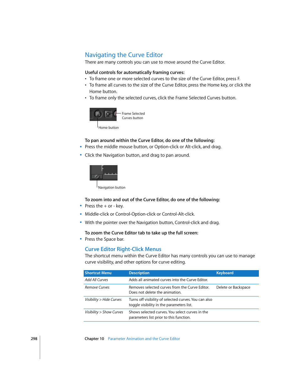 Navigating the curve editor, Curve editor right-click menus | Apple Shake 4 User Manual | Page 298 / 1054