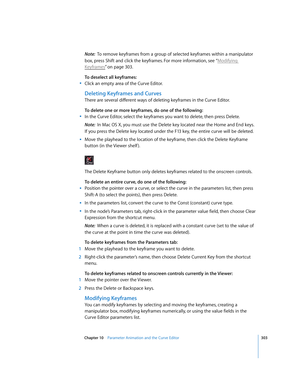 Deleting keyframes and curves, Modifying keyframes | Apple Shake 4 User Manual | Page 303 / 1054