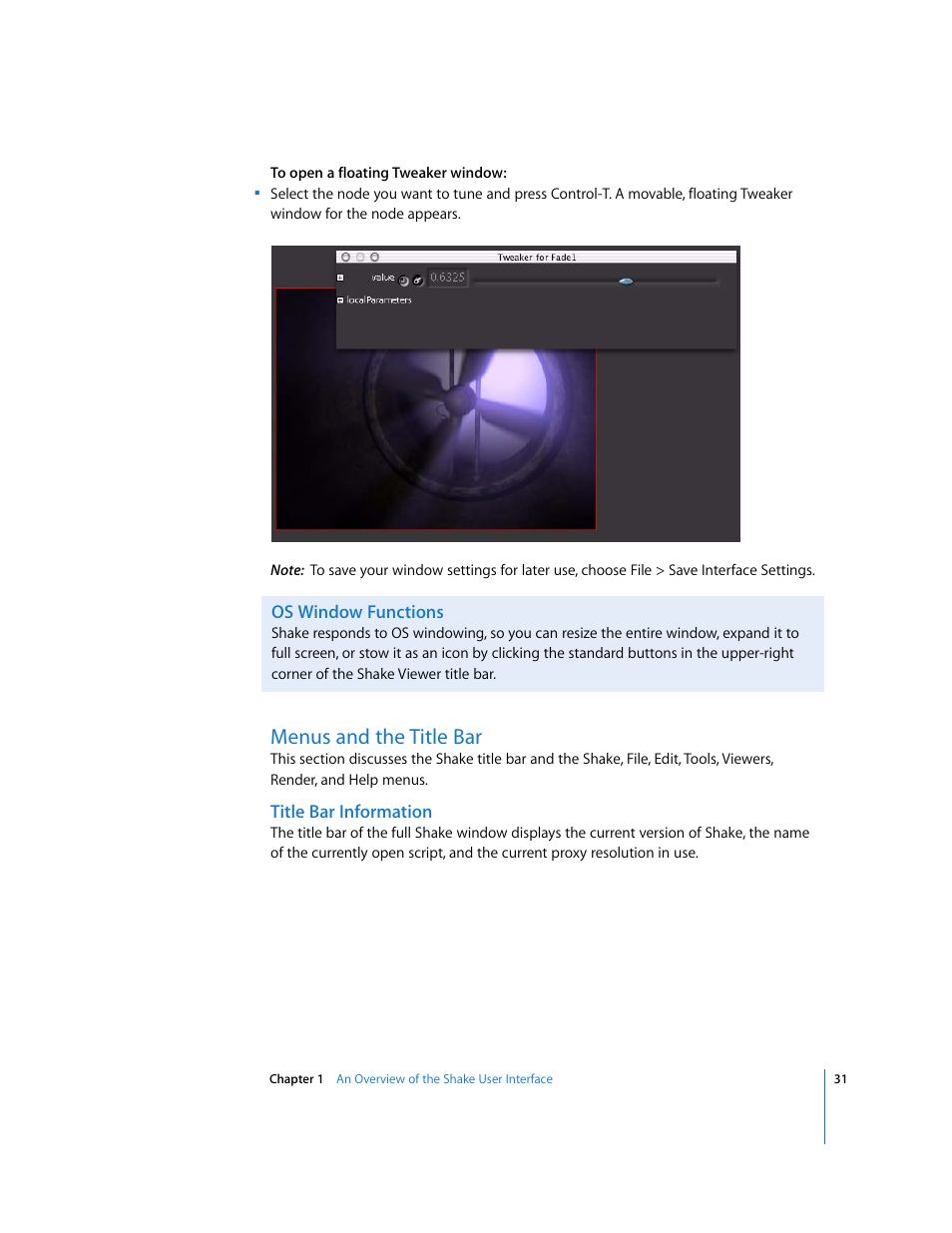 Os window functions, Menus and the title bar, Title bar information | Apple Shake 4 User Manual | Page 31 / 1054