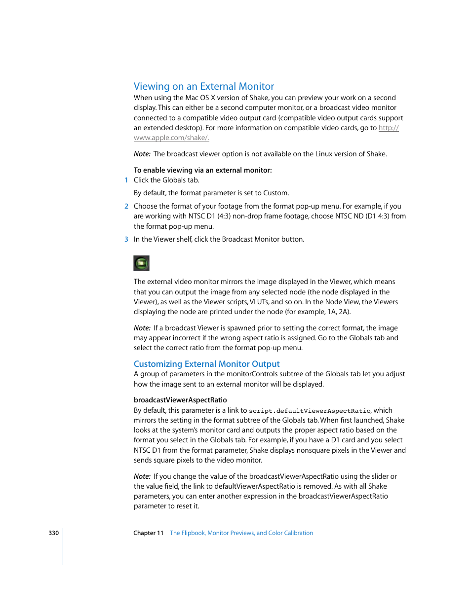Viewing on an external monitor, Customizing external monitor output, Viewing on an | External monitor | Apple Shake 4 User Manual | Page 330 / 1054