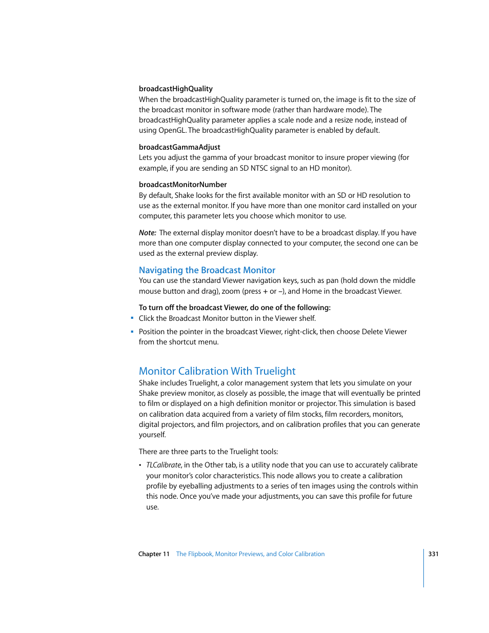 Navigating the broadcast monitor, Monitor calibration with truelight | Apple Shake 4 User Manual | Page 331 / 1054