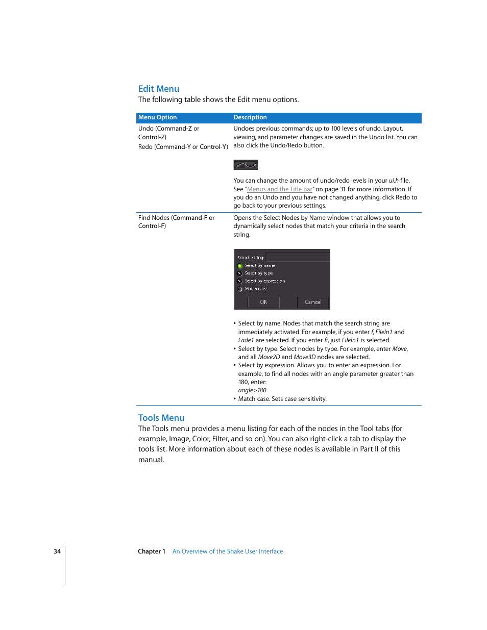 Edit menu, Tools menu | Apple Shake 4 User Manual | Page 34 / 1054