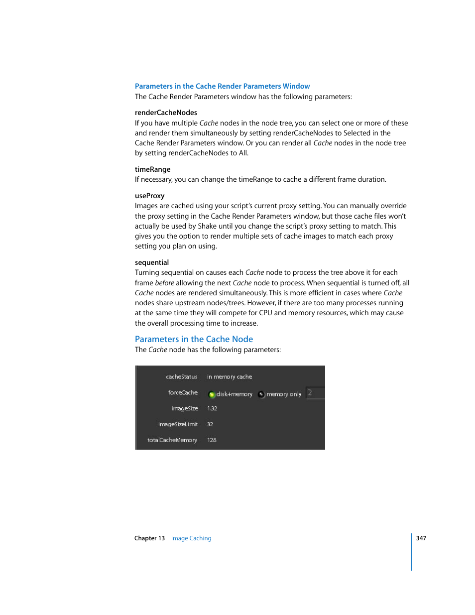 Parameters in the cache node | Apple Shake 4 User Manual | Page 347 / 1054