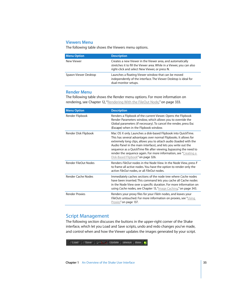 Viewers menu, Render menu, Script management | Apple Shake 4 User Manual | Page 35 / 1054