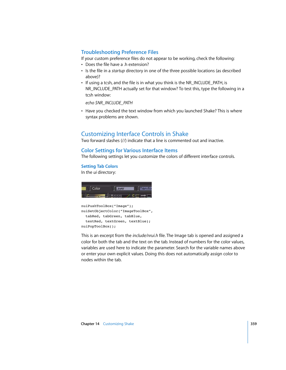 Troubleshooting preference files, Customizing interface controls in shake, Color settings for various interface items | Apple Shake 4 User Manual | Page 359 / 1054