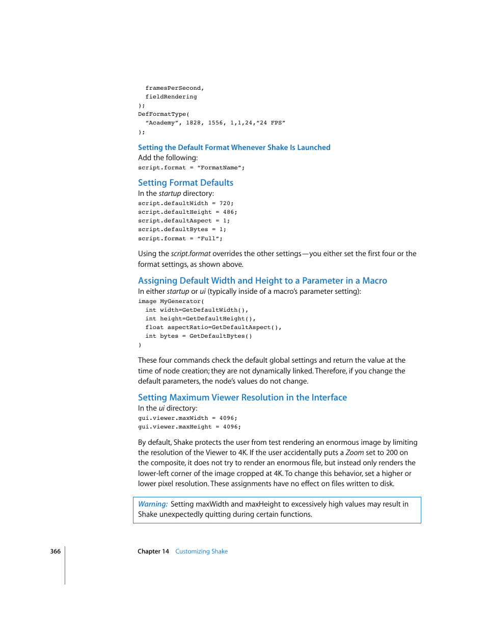 Setting format defaults, Setting maximum viewer resolution in the interface | Apple Shake 4 User Manual | Page 366 / 1054