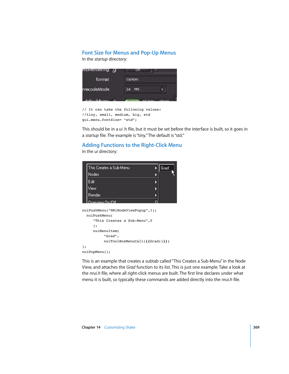 Font size for menus and pop-up menus, Adding functions to the right-click menu | Apple Shake 4 User Manual | Page 369 / 1054
