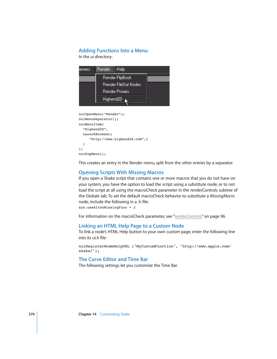 Adding functions into a menu, Opening scripts with missing macros, The curve editor and time bar | Linking an html help page to a custom node | Apple Shake 4 User Manual | Page 370 / 1054