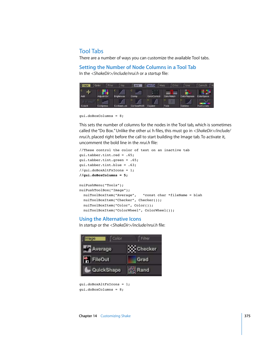 Tool tabs, Setting the number of node columns in a tool tab, Using the alternative icons | Apple Shake 4 User Manual | Page 375 / 1054