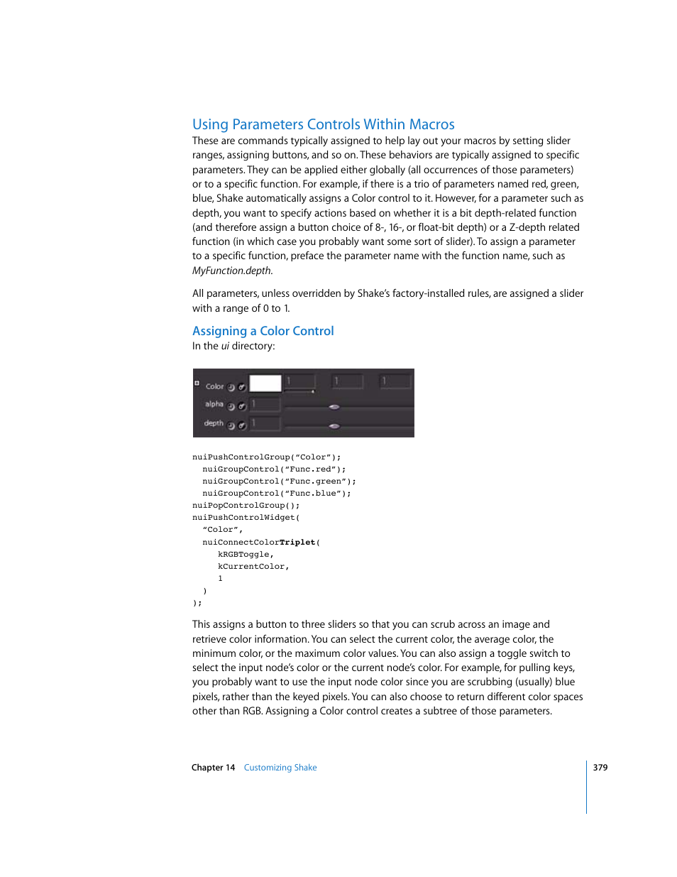 Using parameters controls within macros, Assigning a color control | Apple Shake 4 User Manual | Page 379 / 1054