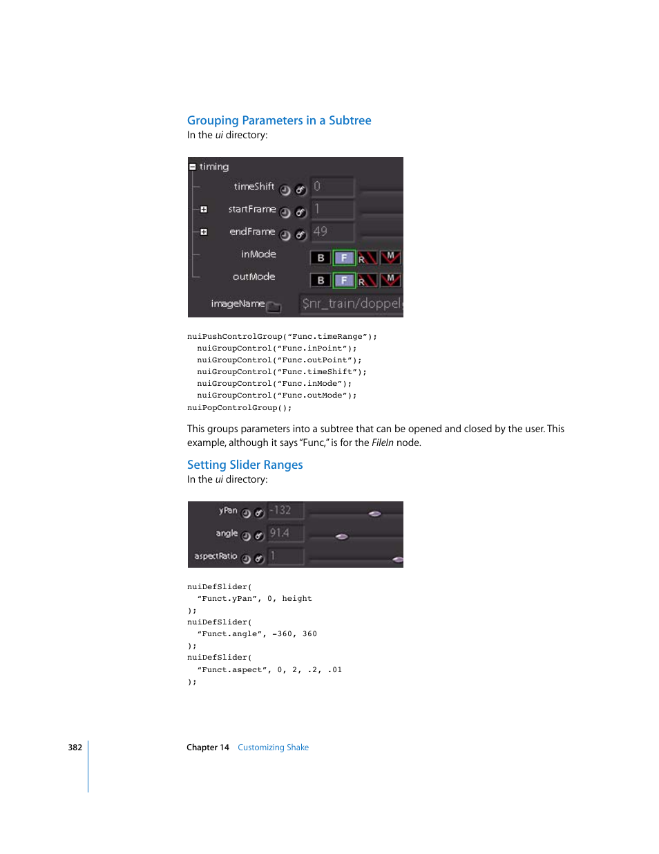 Grouping parameters in a subtree, Setting slider ranges | Apple Shake 4 User Manual | Page 382 / 1054