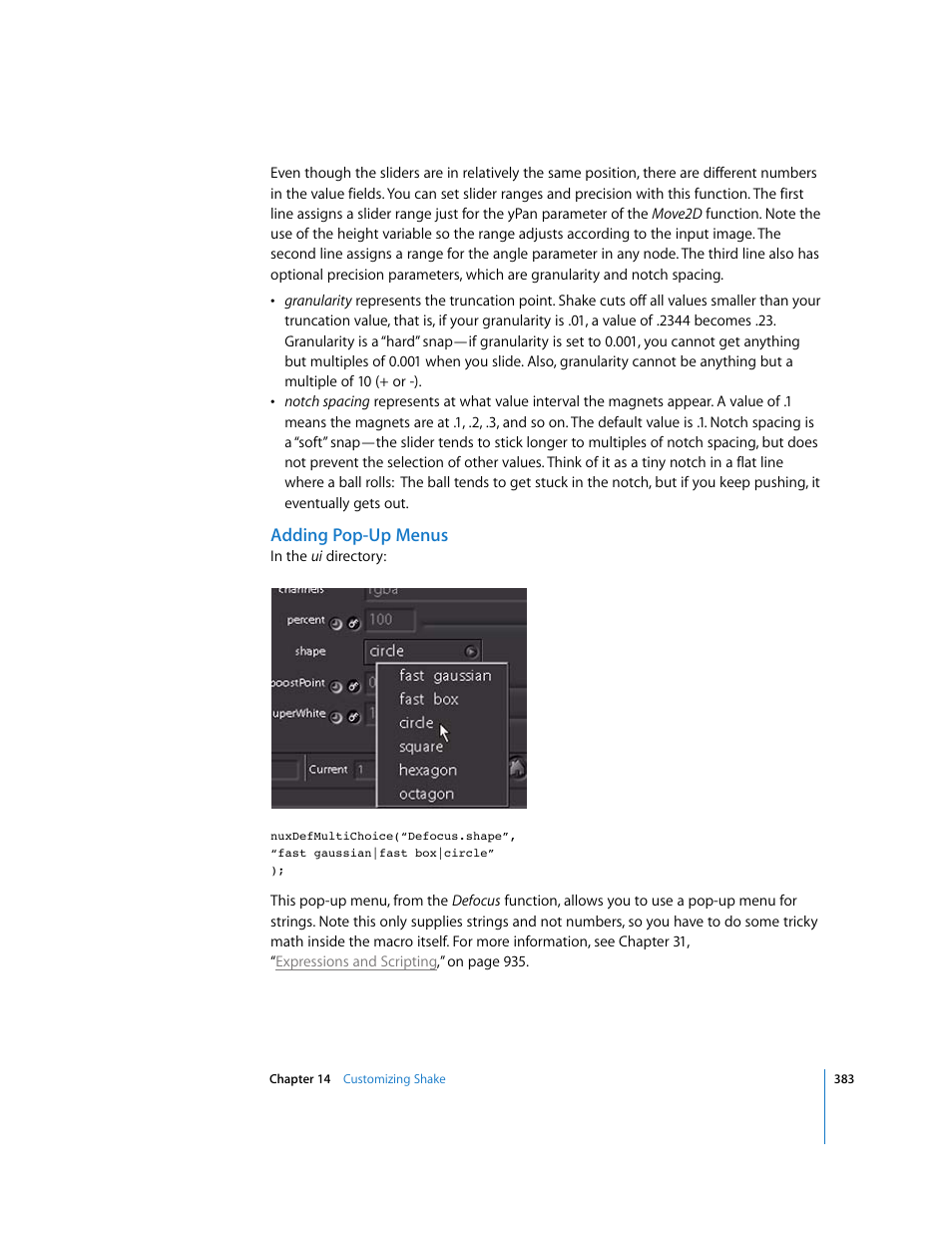 Adding pop-up menus | Apple Shake 4 User Manual | Page 383 / 1054