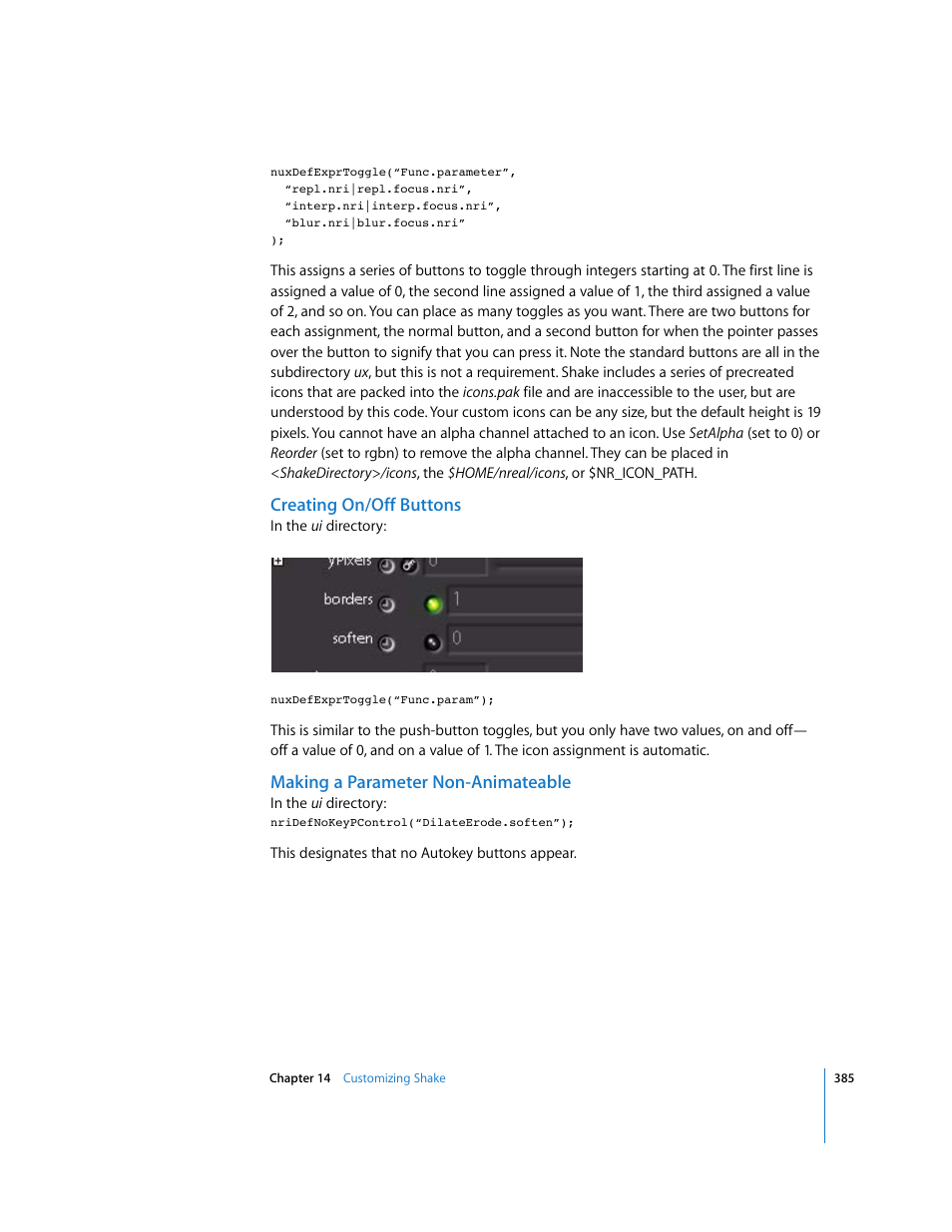 Creating on/off buttons, Making a parameter non-animateable | Apple Shake 4 User Manual | Page 385 / 1054