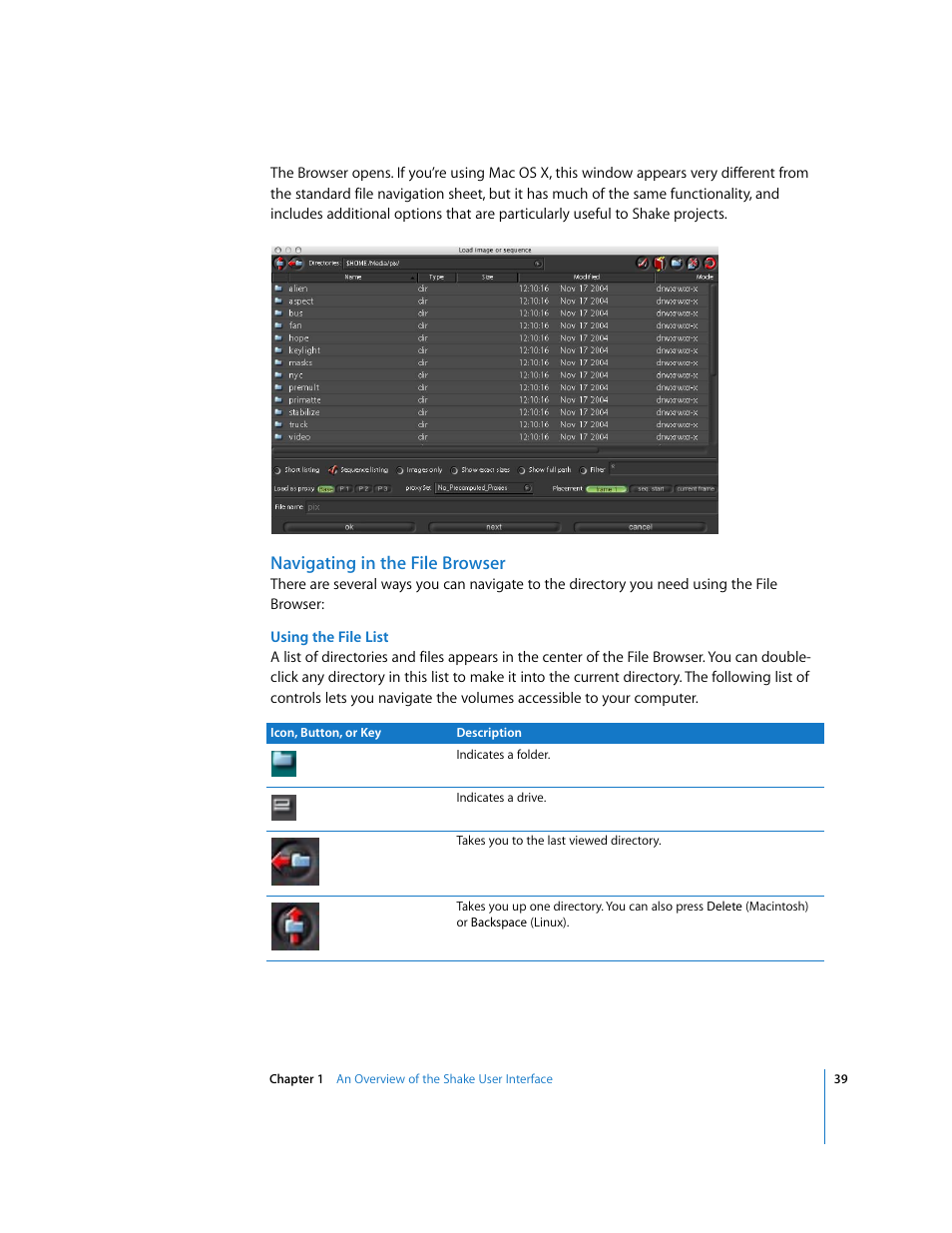 Navigating in the file browser | Apple Shake 4 User Manual | Page 39 / 1054