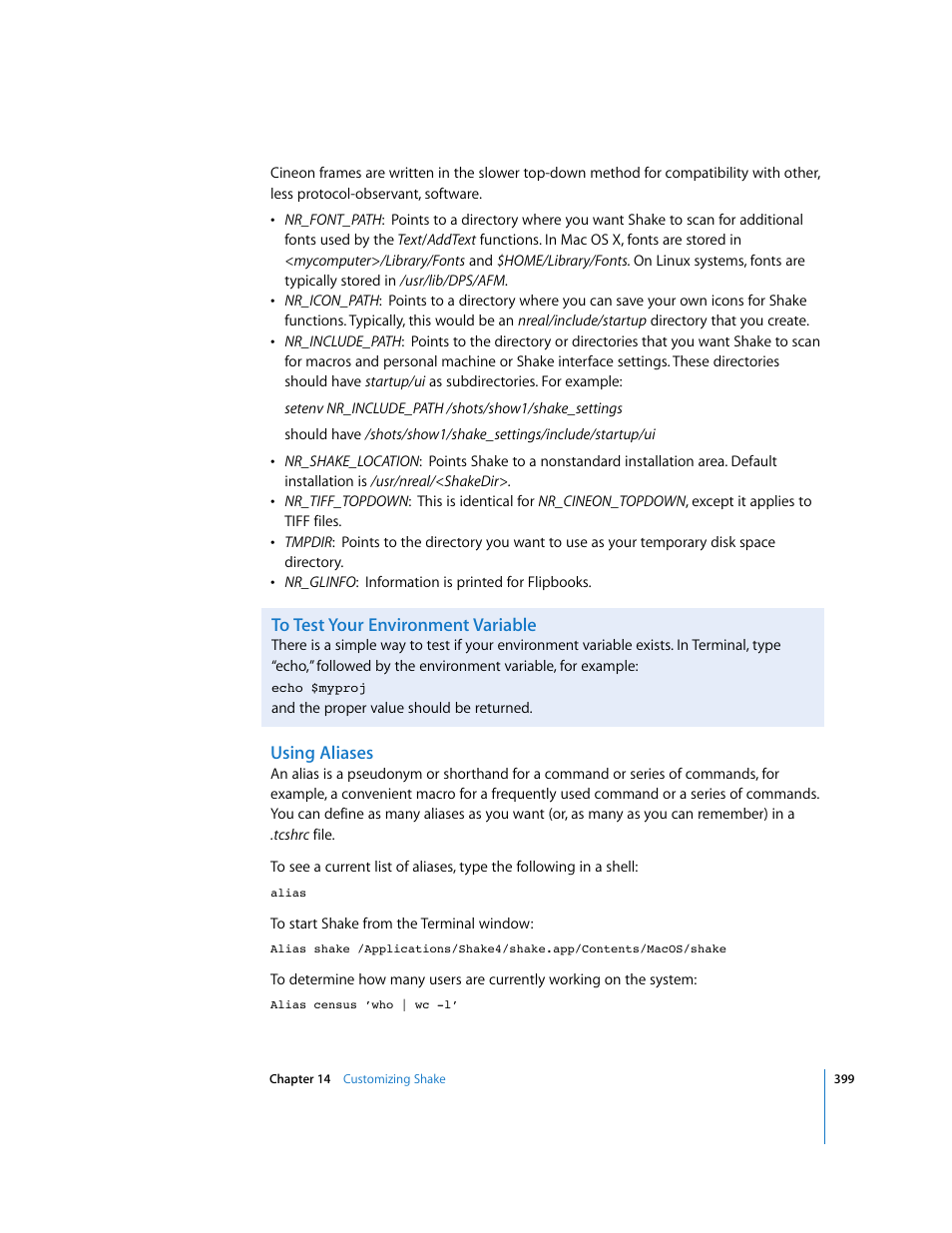 To test your environment variable, Using aliases | Apple Shake 4 User Manual | Page 399 / 1054