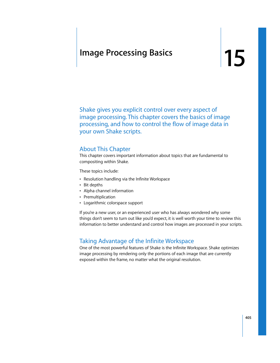 Image processing basics, About this chapter, Taking advantage of the infinite workspace | Chapter, Chapter 15 | Apple Shake 4 User Manual | Page 405 / 1054