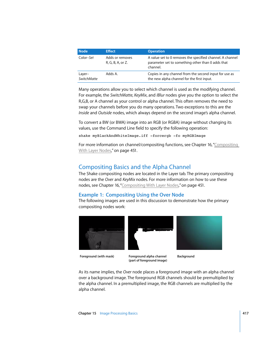 Compositing basics and the alpha channel, Example 1: compositing using the over node | Apple Shake 4 User Manual | Page 417 / 1054