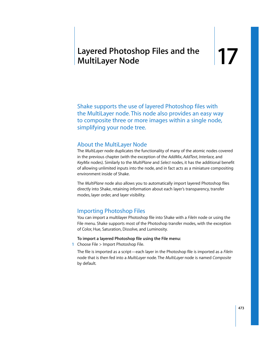 Layered photoshop files and the multilayer node, About the multilayer node, Importing photoshop files | Chapter, Chapter 17 | Apple Shake 4 User Manual | Page 473 / 1054