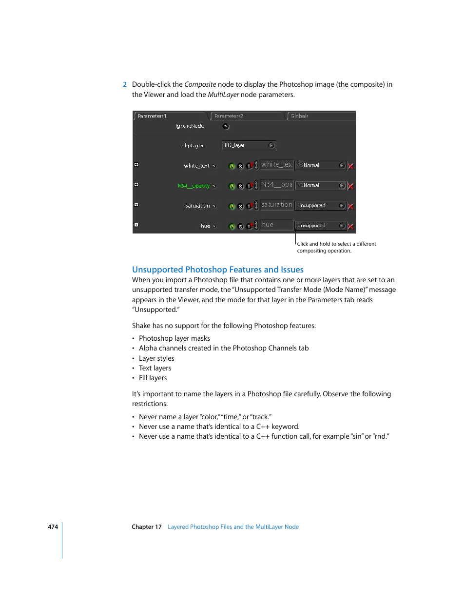 Unsupported photoshop features and issues | Apple Shake 4 User Manual | Page 474 / 1054