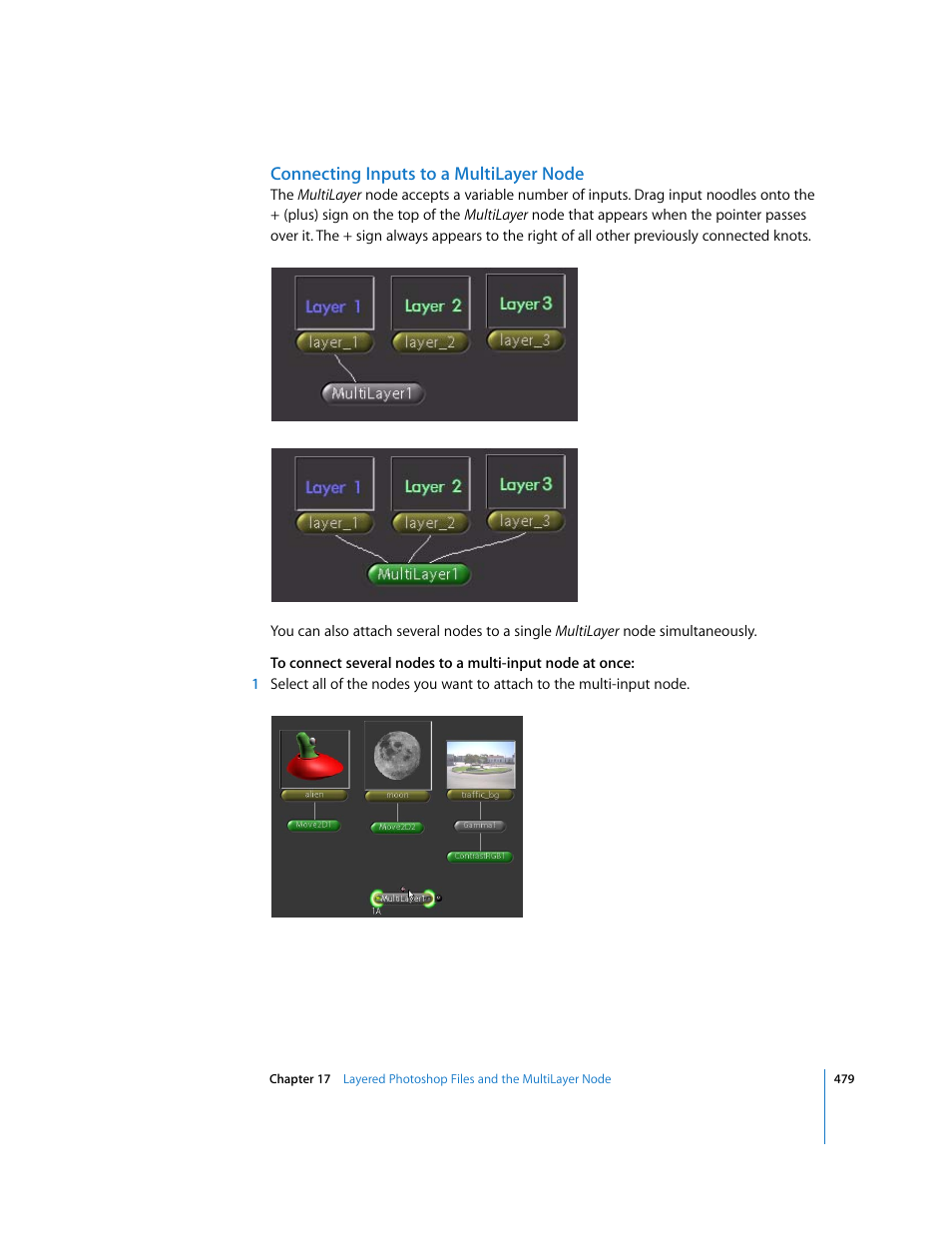 Connecting inputs to a multilayer node | Apple Shake 4 User Manual | Page 479 / 1054