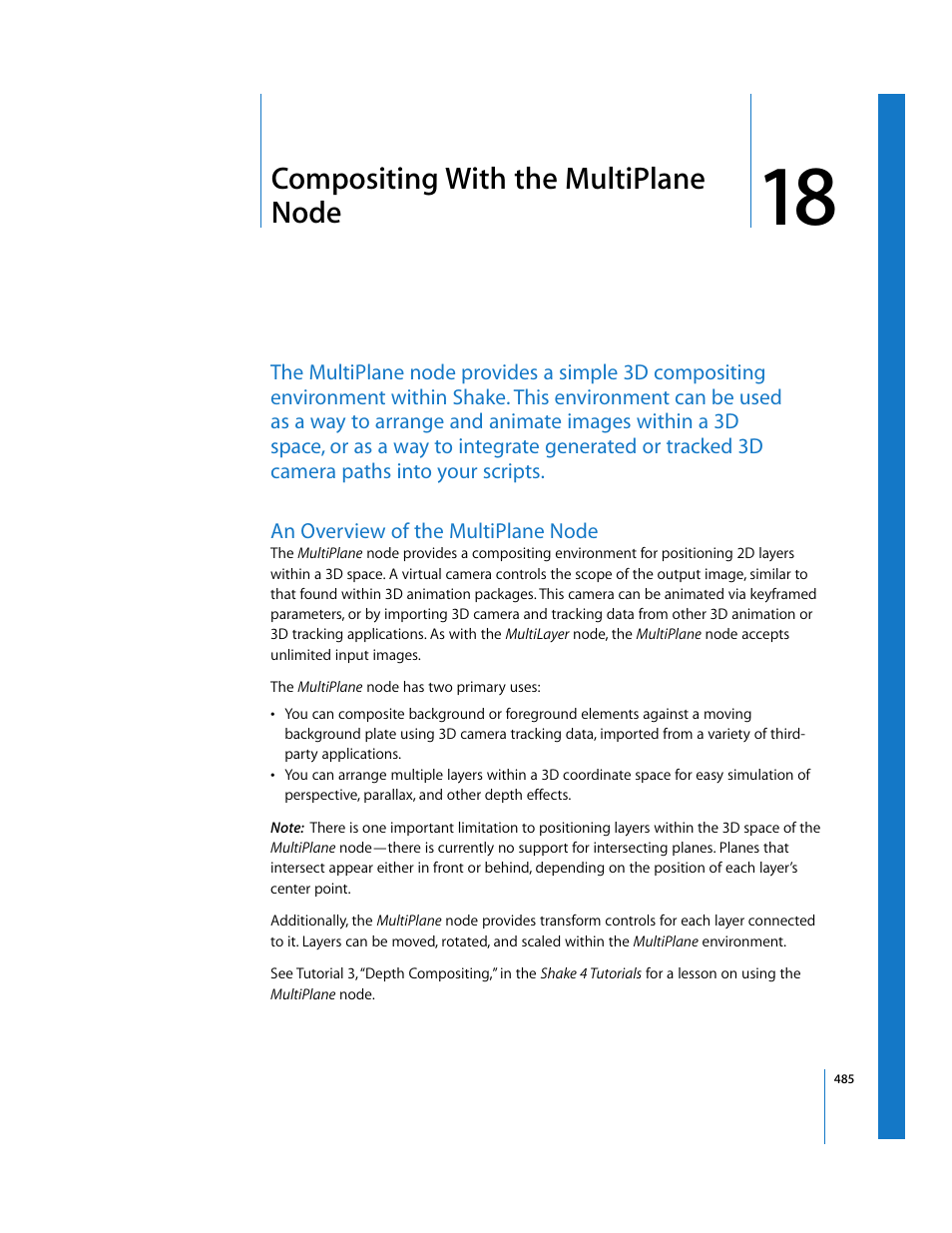 Compositing with the multiplane node, An overview of the multiplane node, Chapter | Chapter 18 | Apple Shake 4 User Manual | Page 485 / 1054