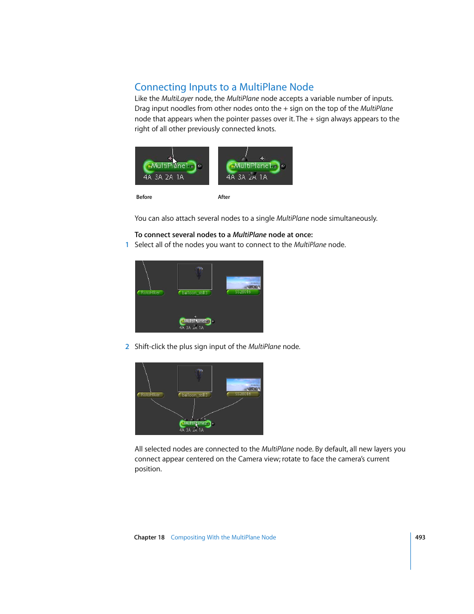 Connecting inputs to a multiplane node | Apple Shake 4 User Manual | Page 493 / 1054