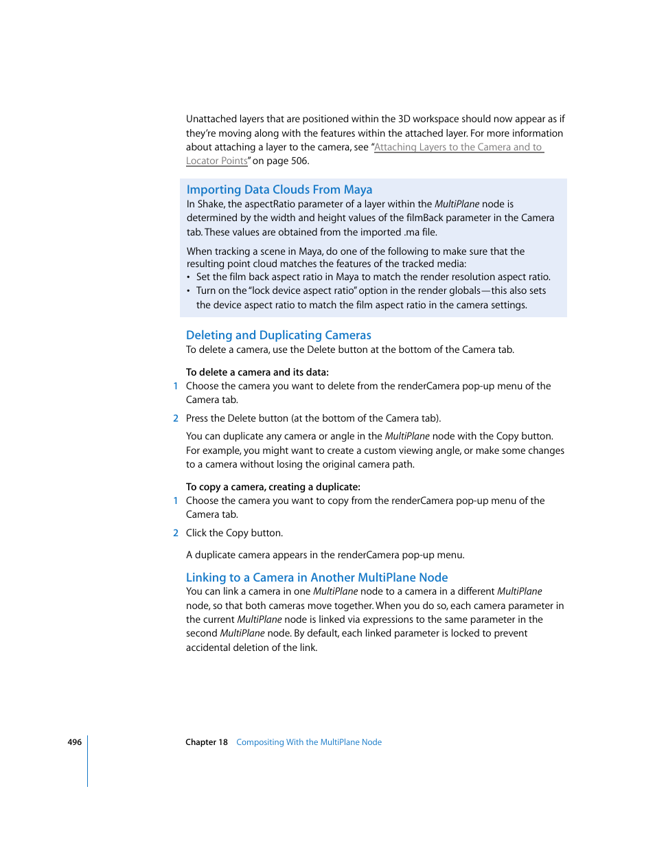 Importing data clouds from maya, Deleting and duplicating cameras, Linking to a camera in another multiplane node | Apple Shake 4 User Manual | Page 496 / 1054