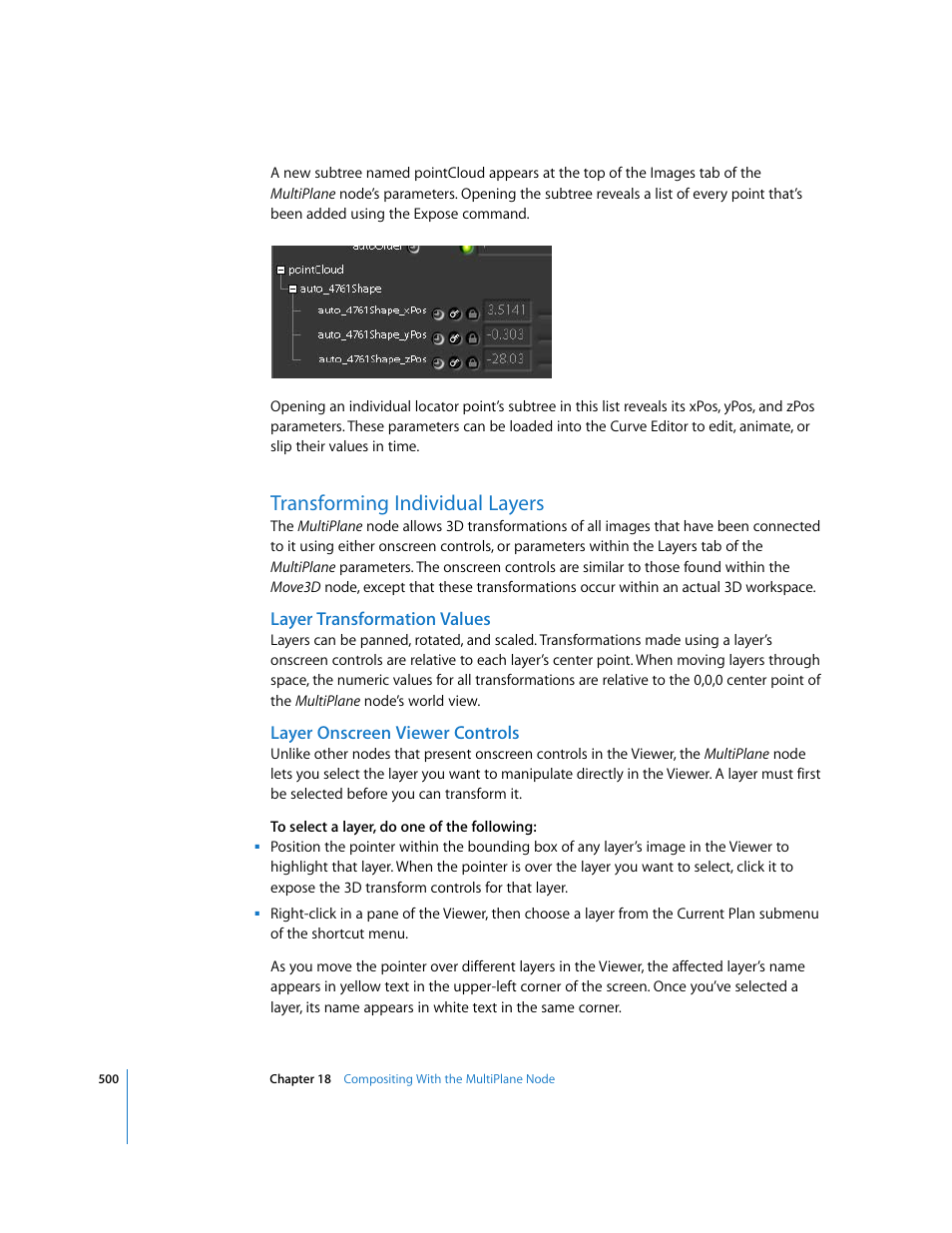 Transforming individual layers, Layer transformation values, Layer onscreen viewer controls | Apple Shake 4 User Manual | Page 500 / 1054