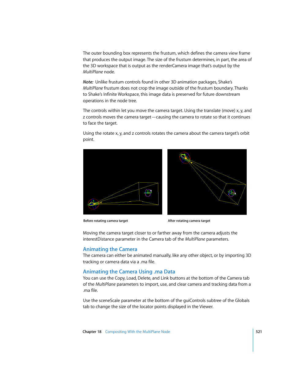 Animating the camera, Animating the camera using .ma data | Apple Shake 4 User Manual | Page 521 / 1054