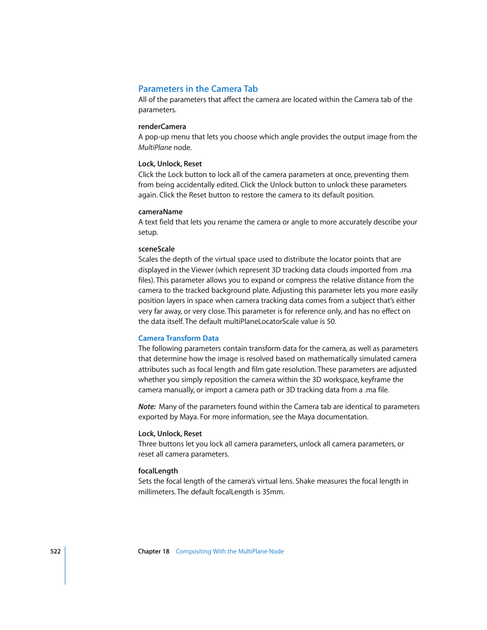 Parameters in the camera tab | Apple Shake 4 User Manual | Page 522 / 1054