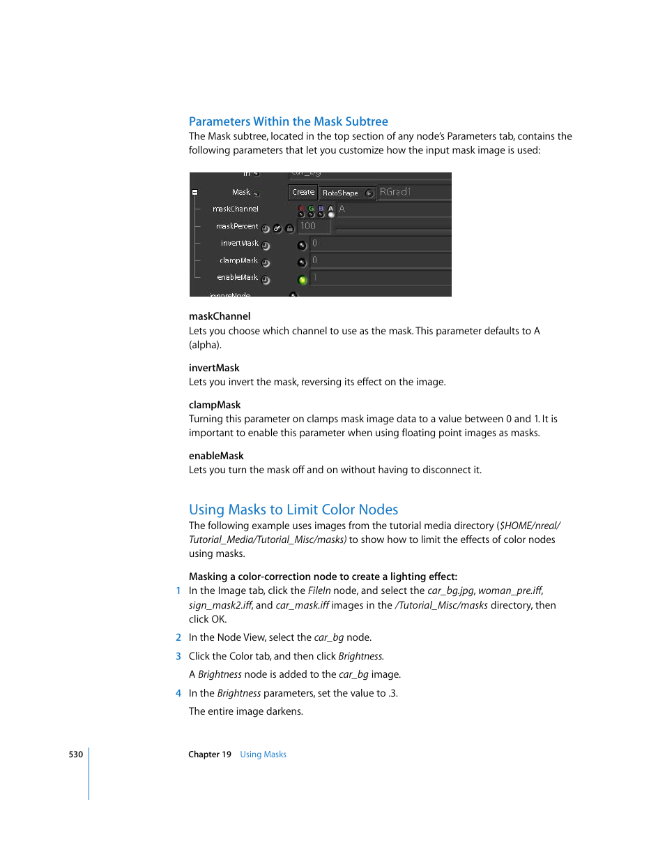 Parameters within the mask subtree, Using masks to limit color nodes | Apple Shake 4 User Manual | Page 530 / 1054