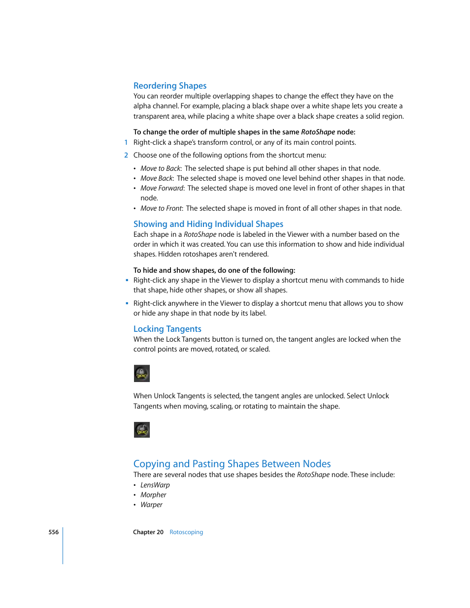 Reordering shapes, Showing and hiding individual shapes, Locking tangents | Copying and pasting shapes between nodes | Apple Shake 4 User Manual | Page 556 / 1054