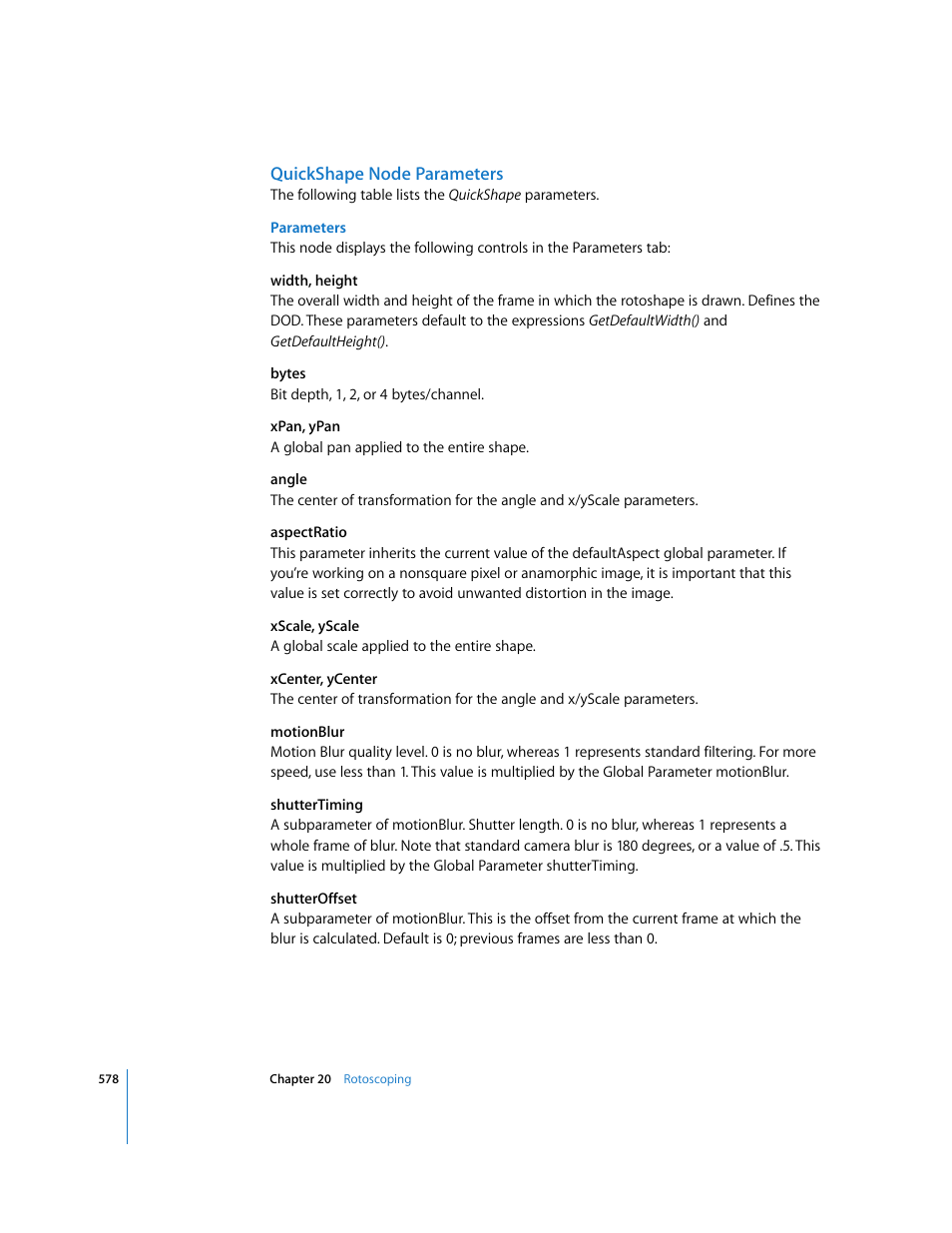 Quickshape node parameters | Apple Shake 4 User Manual | Page 578 / 1054