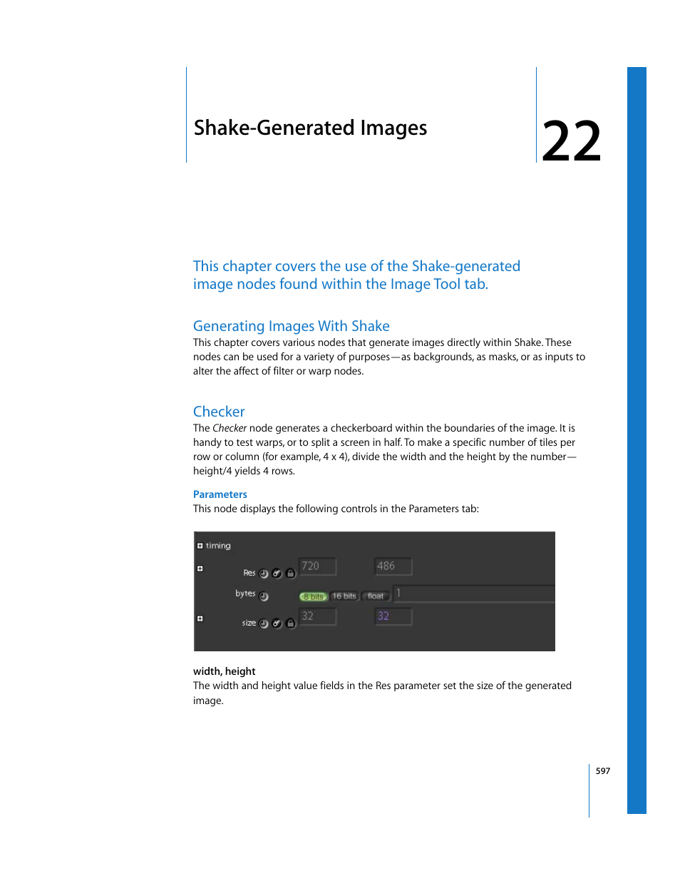 Shake-generated images, Generating images with shake, Checker | Chapter, Chapter 22 | Apple Shake 4 User Manual | Page 597 / 1054
