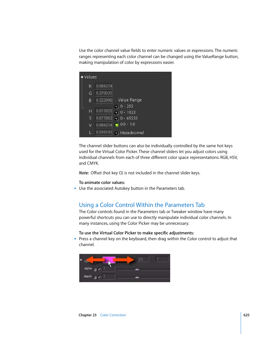 Using a color control within the parameters tab | Apple Shake 4 User Manual | Page 625 / 1054
