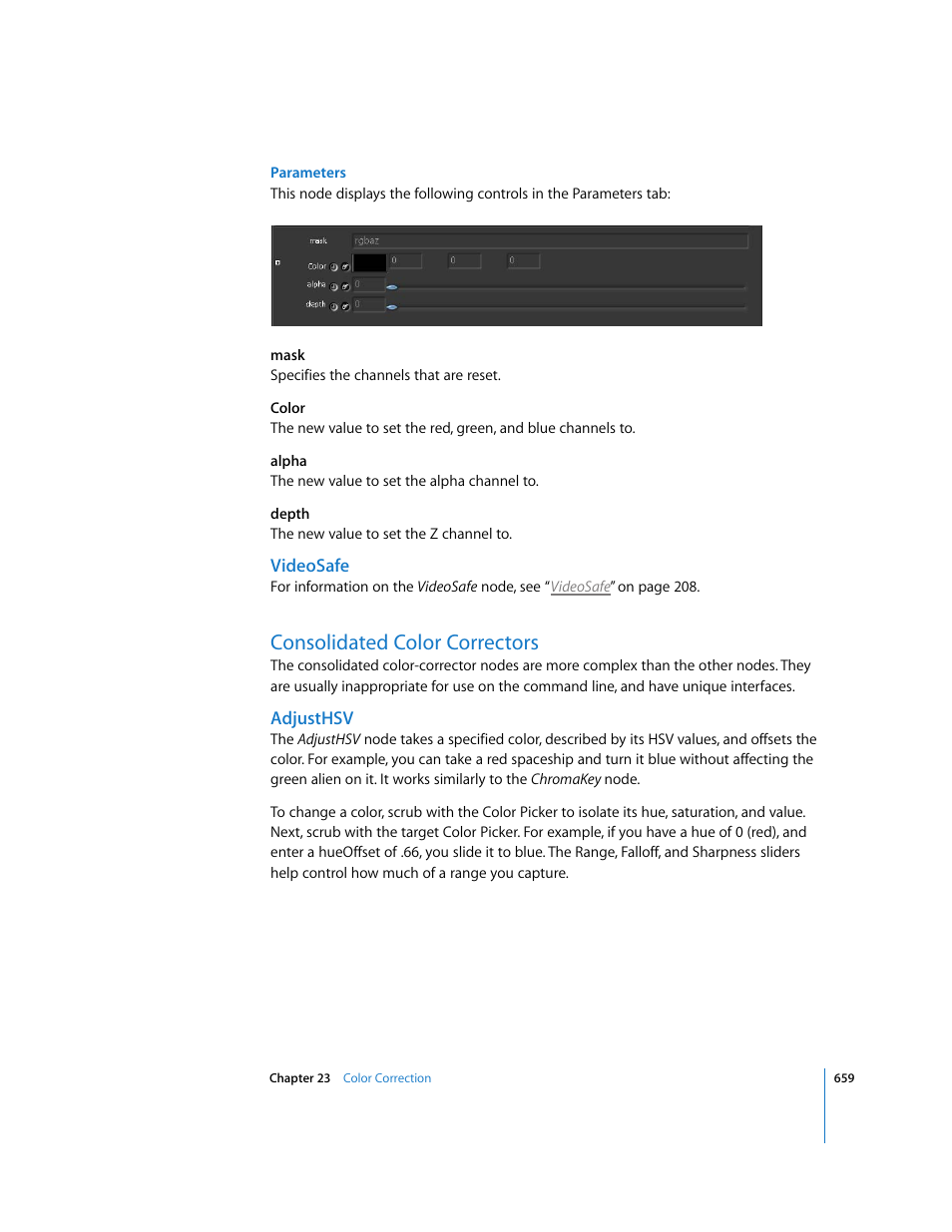 Videosafe, Consolidated color correctors, Adjusthsv | Apple Shake 4 User Manual | Page 659 / 1054