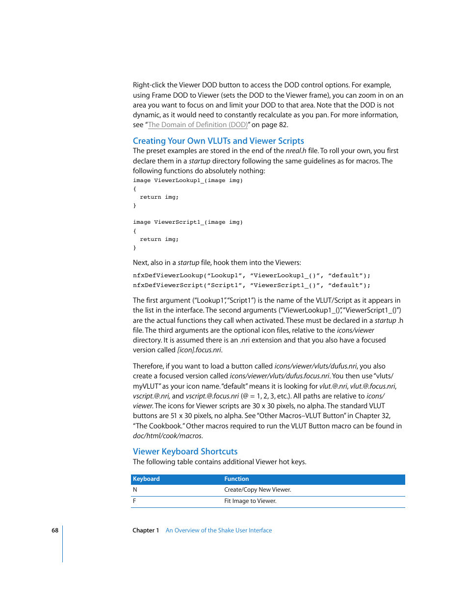 Creating your own vluts and viewer scripts, Viewer keyboard shortcuts | Apple Shake 4 User Manual | Page 68 / 1054