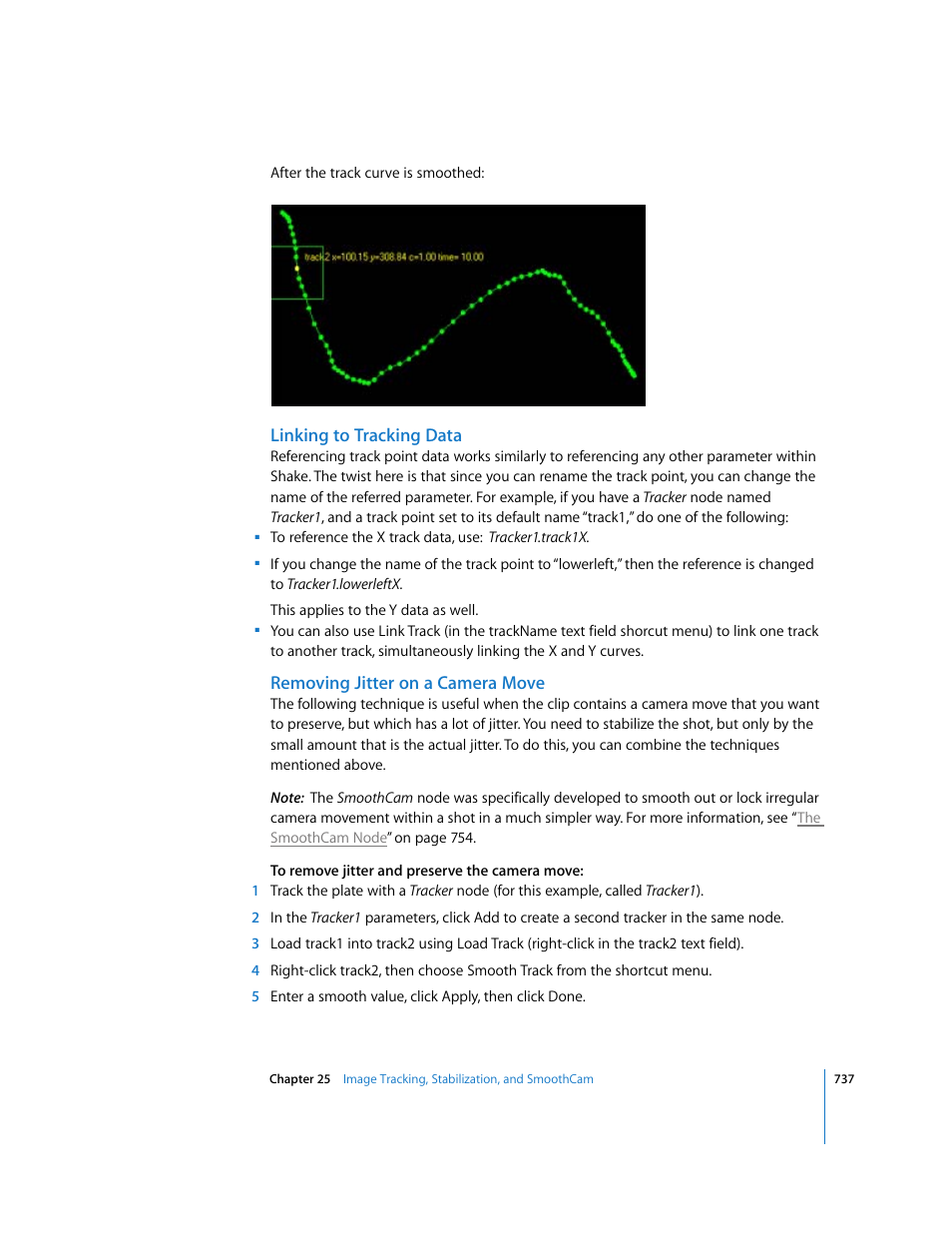 Linking to tracking data, Removing jitter on a camera move | Apple Shake 4 User Manual | Page 737 / 1054