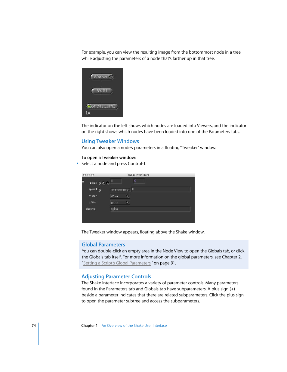 Using tweaker windows, Global parameters, Adjusting parameter controls | Apple Shake 4 User Manual | Page 74 / 1054