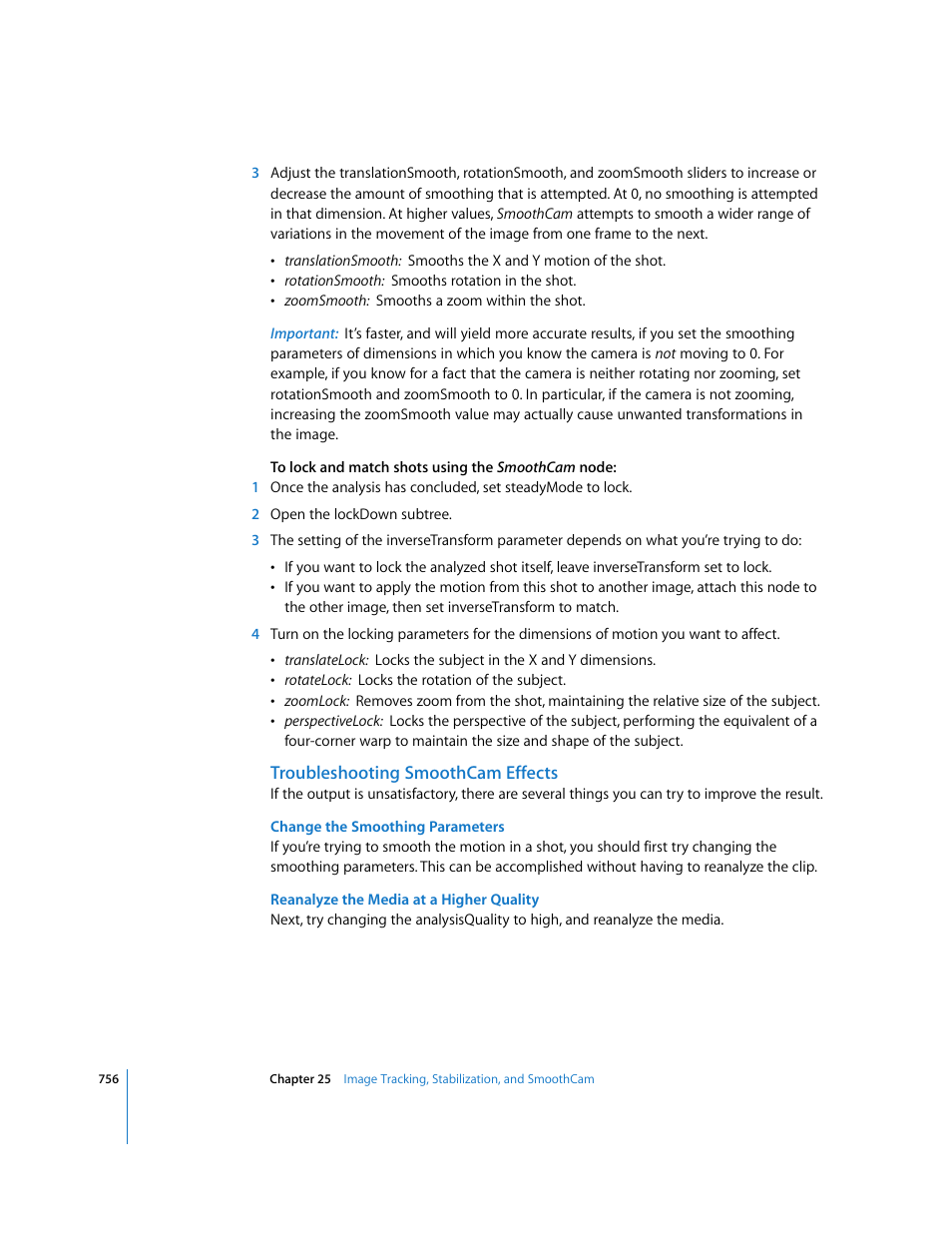 Troubleshooting smoothcam effects | Apple Shake 4 User Manual | Page 756 / 1054