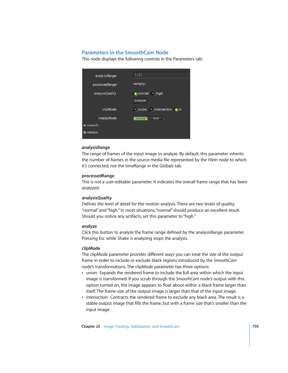 Parameters in the smoothcam node | Apple Shake 4 User Manual | Page 759 / 1054