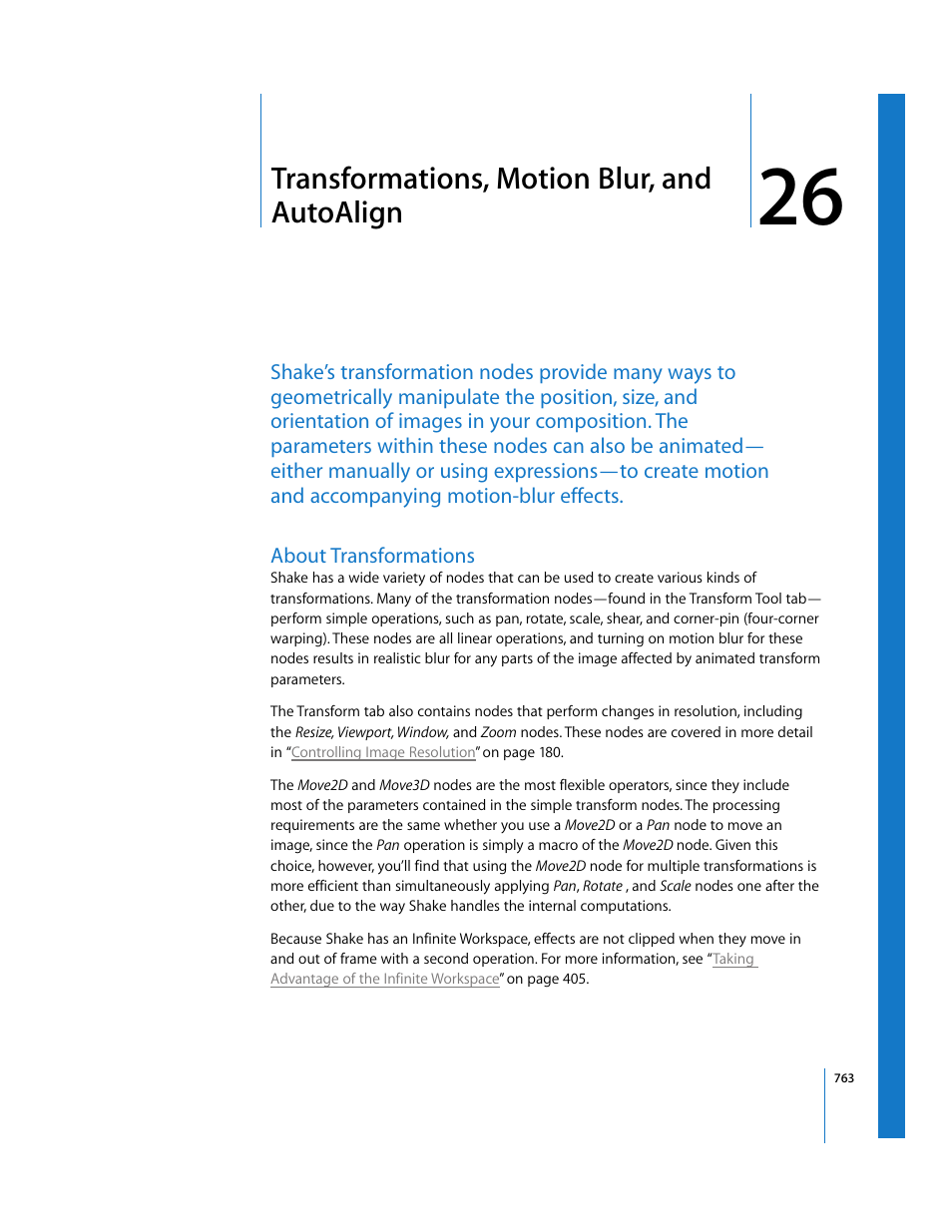 Transformations, motion blur, and autoalign, About transformations, Chapter | Chapter 26, See chapter 26, Transformations, motion, Blur, and autoalign | Apple Shake 4 User Manual | Page 763 / 1054