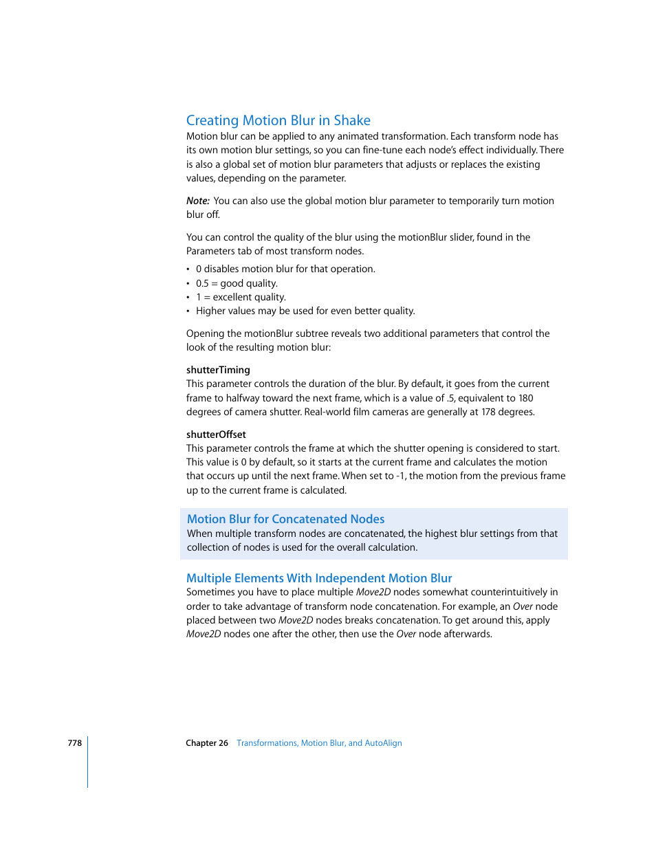 Creating motion blur in shake, Motion blur for concatenated nodes, Multiple elements with independent motion blur | Apple Shake 4 User Manual | Page 778 / 1054