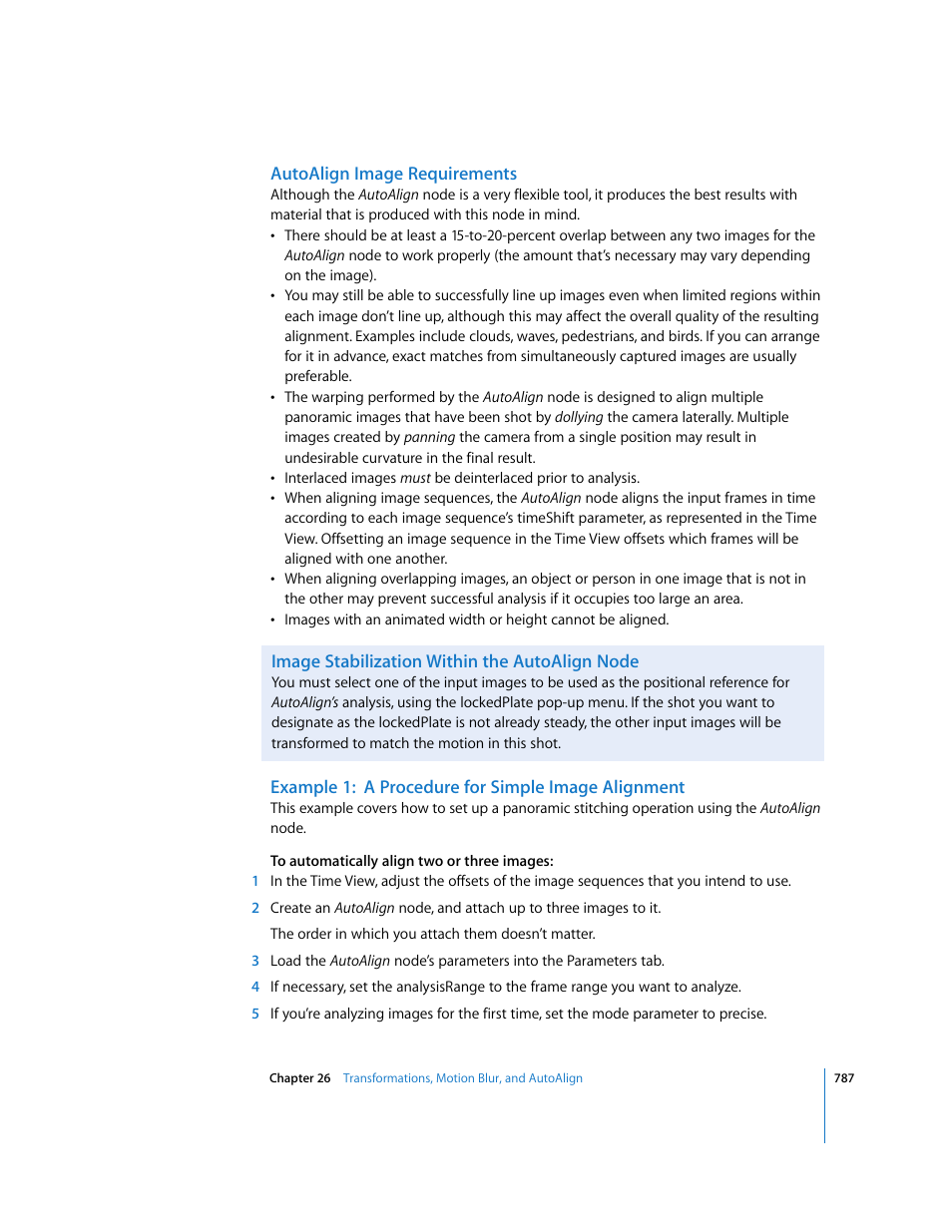 Autoalign image requirements, Image stabilization within the autoalign node, Example 1: a procedure for simple image alignment | Apple Shake 4 User Manual | Page 787 / 1054