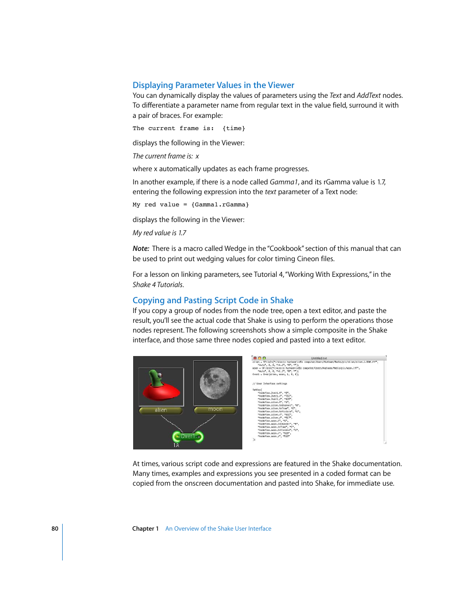 Displaying parameter values in the viewer, Copying and pasting script code in shake | Apple Shake 4 User Manual | Page 80 / 1054