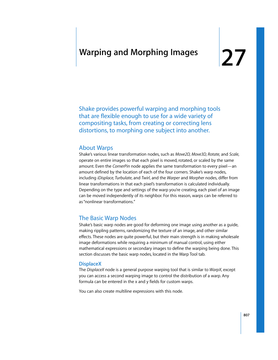 Warping and morphing images, About warps, The basic warp nodes | Displacex, Chapter, Chapter 27 | Apple Shake 4 User Manual | Page 807 / 1054