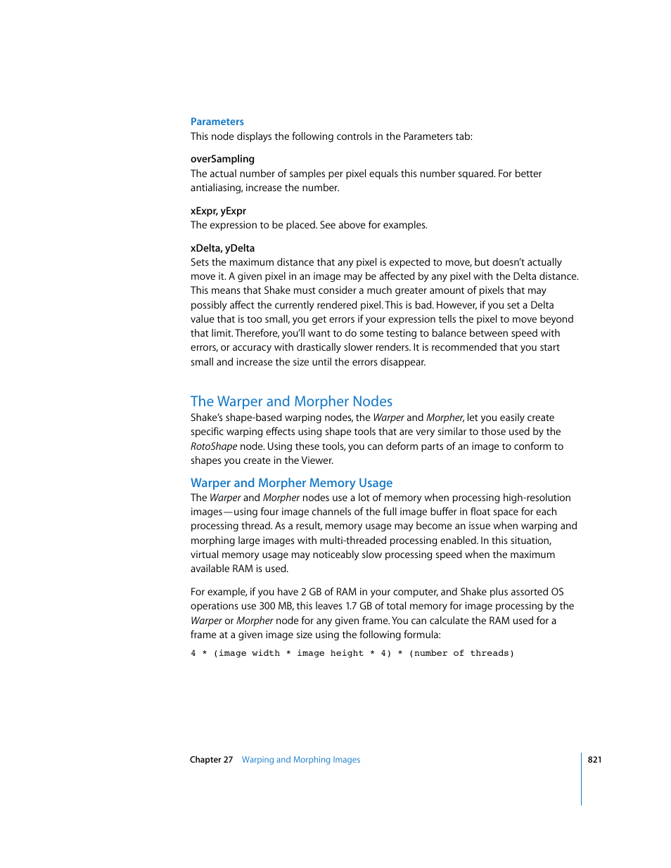 The warper and morpher nodes, Warper and morpher memory usage | Apple Shake 4 User Manual | Page 821 / 1054